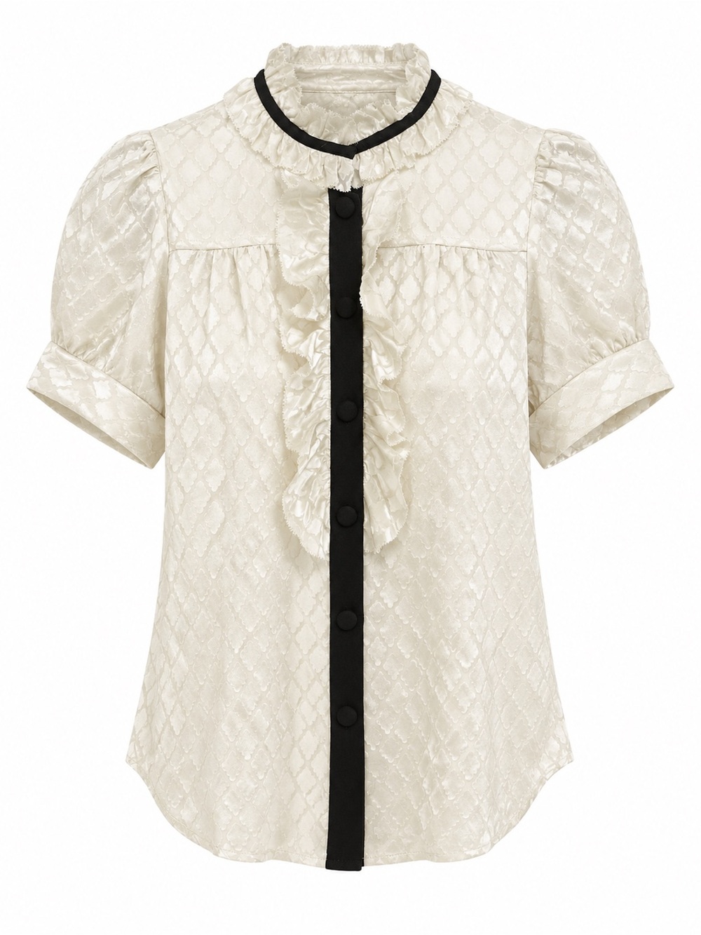 Diane Von Furstenberg Ivory Silk Blend Blouse With Black Trim & Ruffle Details